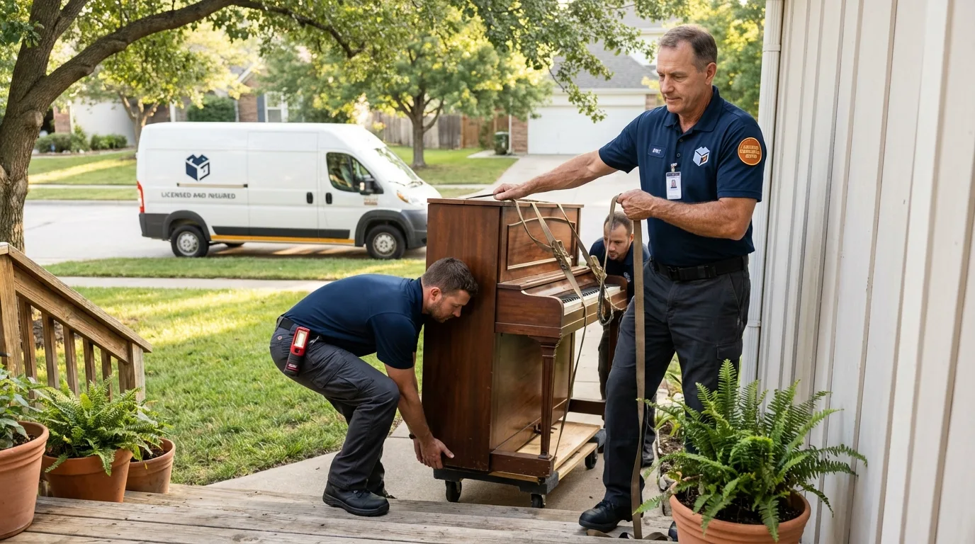 Licensed piano movers securing grand piano in Clarkston, MI