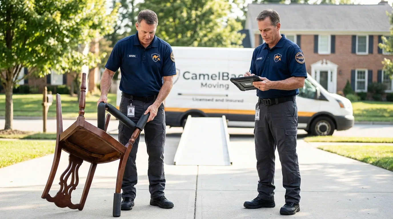 Movers inspecting furniture for damage prevention before loading in Clarkston, MI