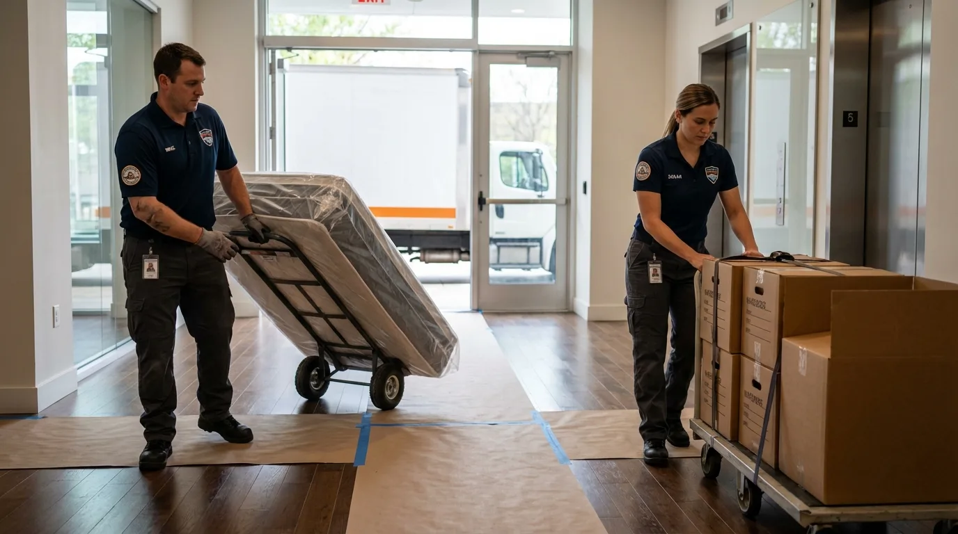 Professional apartment movers loading elevator in Clarkston, MI