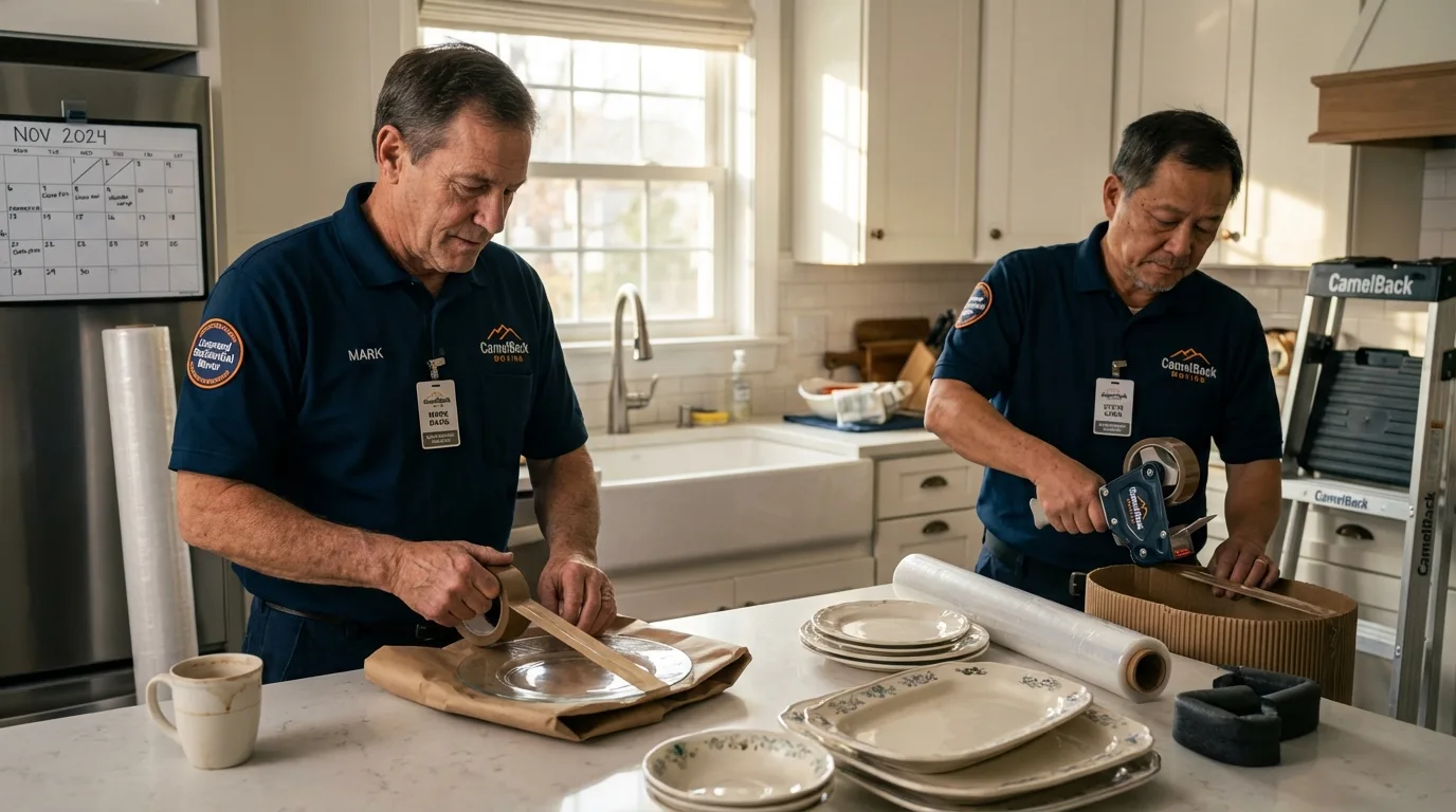 Professional crew packing kitchen dishware in Clarkston, MI
